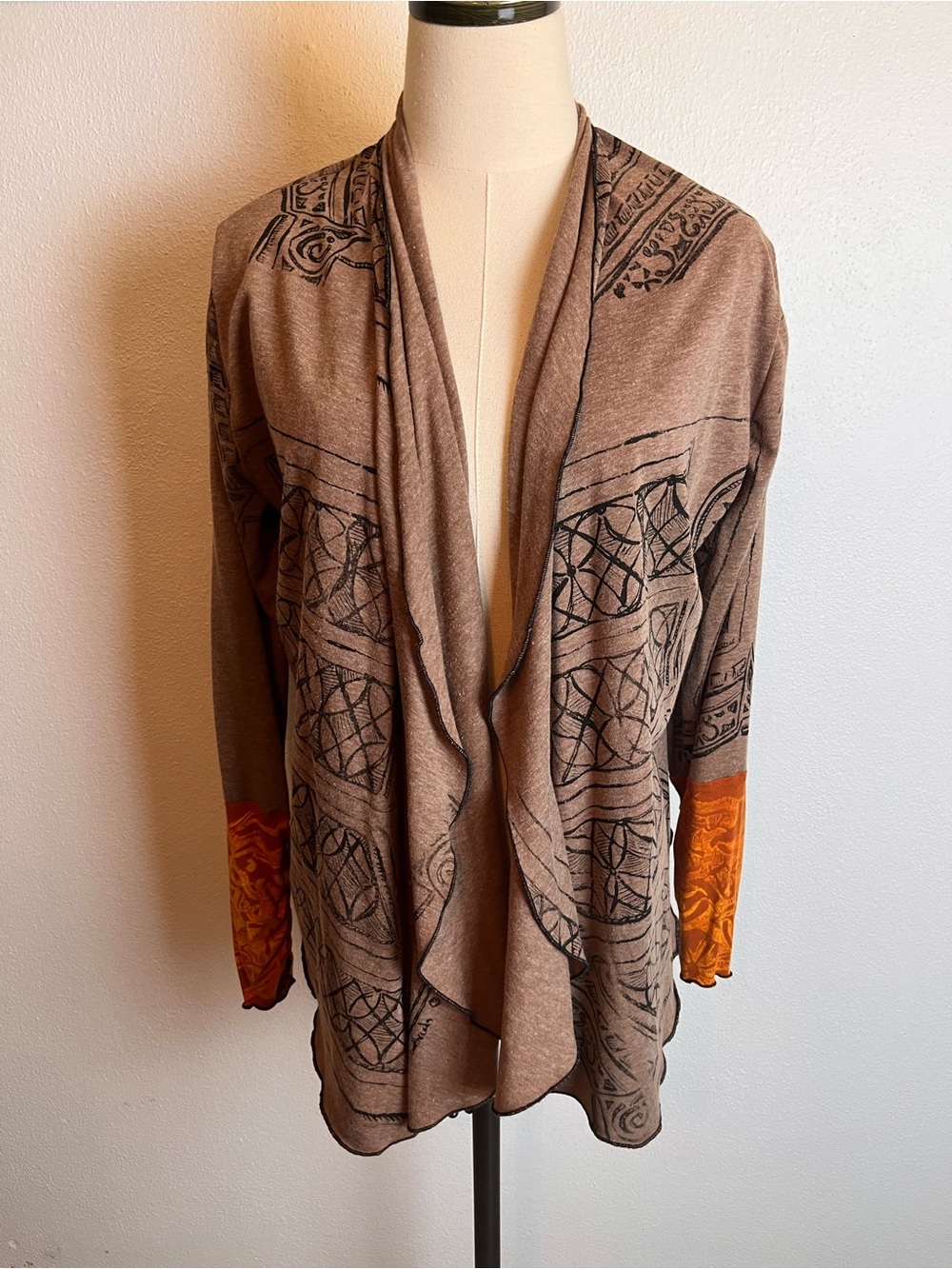 Jennythreads OOAK Brown Open-Front Women's Cardigan with Orange Sleeve Accents